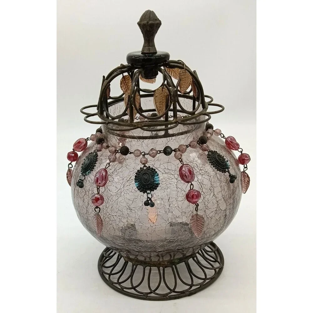 Purple Crackle Glass & Metal Beaded Candle Potpourri Holder Boho 10